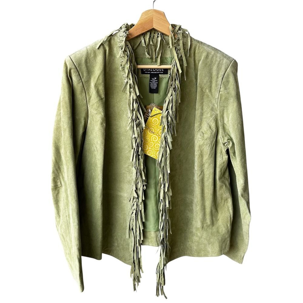 Dialogue Leather Jacket Coat Sage Green Washable Fringe Western Boho NWT Medium